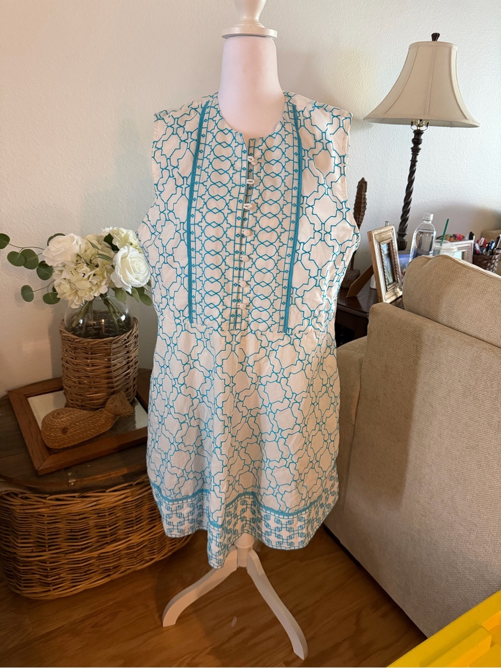 Sleeveless White Midi Dress with Turquoise Geometric Print